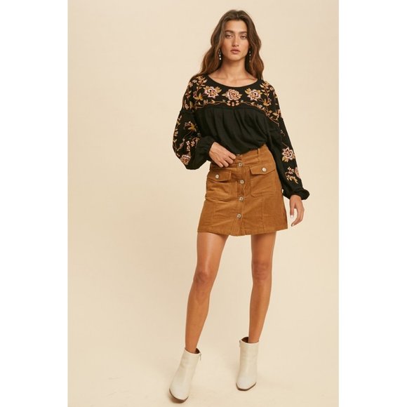 NEW Black Floral Embroidered Pleat BOHO Blouse Top - Picture 7 of 12